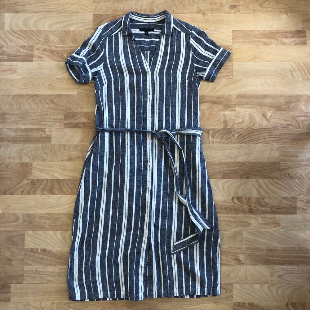 BANANA REPUBLIC NAVY STRIPE LINEN BUTTON DRESS SZ4